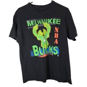 Rare VTG 90s Milwaukee Bucks NBA Logo Colorful Graphic T shirt Black Sz Large
